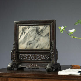 清中期 紫檀嵌云石透雕螭龙捧寿座屏