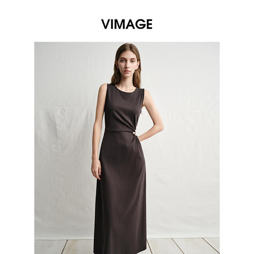 VIMAGE纬漫纪腰部镂空雾灰色无袖收腰显瘦A字连衣裙2025夏季新款V2307912 商品图5