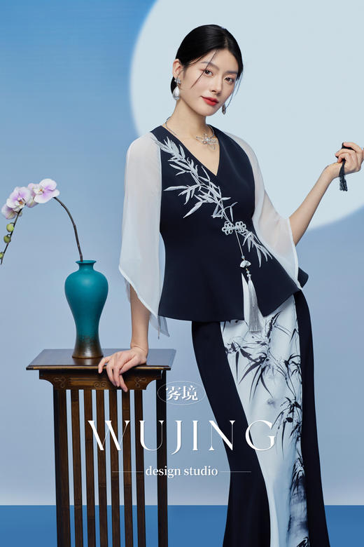 3205133 晚风听竹 进口蜂窝缎/韩国进口水晶乔其纱半裙 雾境 商品图4