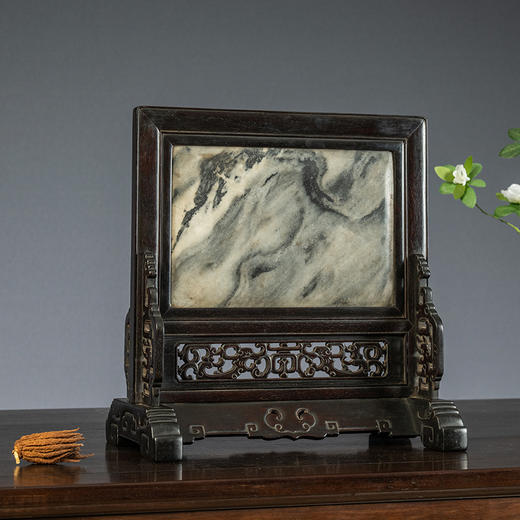 清中期 紫檀嵌云石透雕螭龙捧寿座屏 商品图1