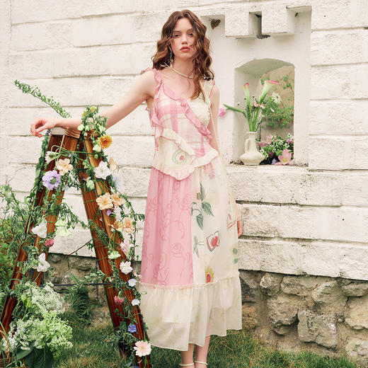 两三事梵高文艺 花屿捕梦 2025夏季新款拼布印花荷叶边吊带连衣裙 商品图2