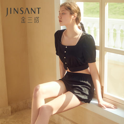 金三塔宅家三公里真丝睡衣套法式时尚休闲短袖短裤两件套家居服 YSFCA498 商品图0