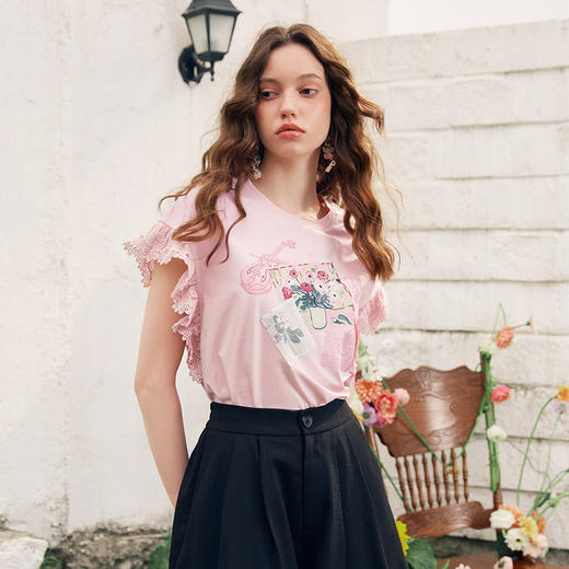 两三事梵高文艺南鸢絮语2025夏新款小清新印花蕾丝拼接短袖t恤女 商品图1