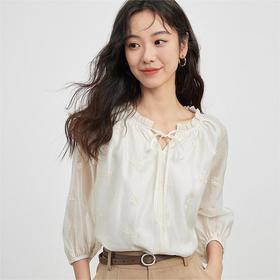 【樱西玛ENXIMANE 重工刺绣天丝衬衫】进口天丝莱赛尔面料 透气轻盈不压身 七分灯笼袖+领口小系带 微松H型廓形 立体刺绣点缀