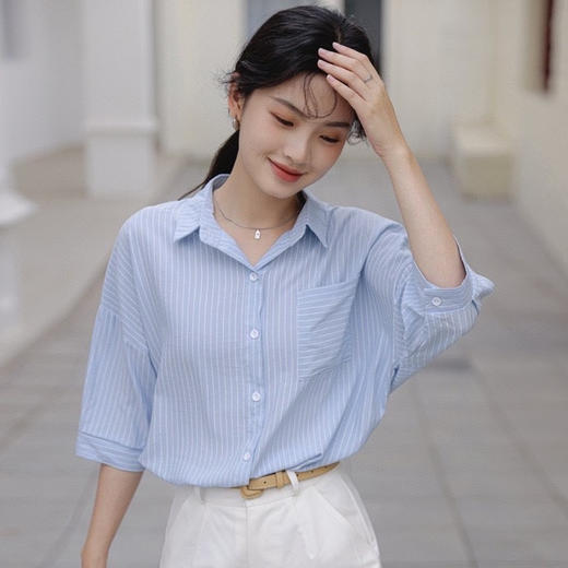 【法国品牌轻奢条纹短袖衬衫】新款~通勤日常穿搭首选 多囤两件件，时髦穿搭!yyds!出街你就是最靓的那个girl 商品图4