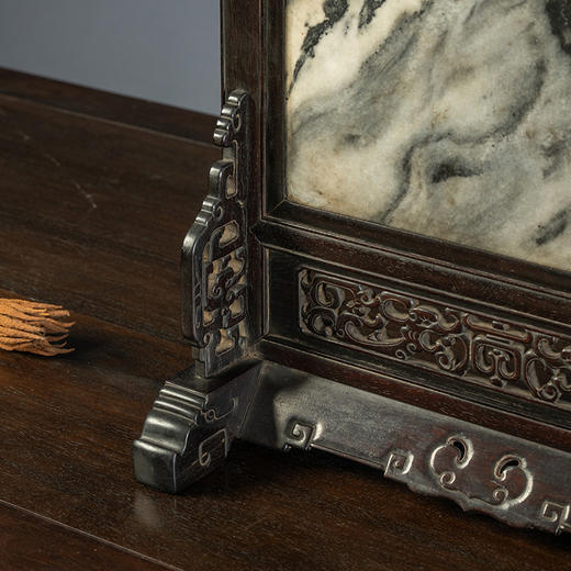 清中期 紫檀嵌云石透雕螭龙捧寿座屏 商品图3