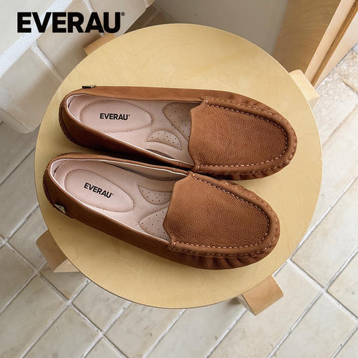 EVERAU新款头层磨砂牛皮面亲肤透气经典舒适女士豆豆鞋EA1024 商品图1