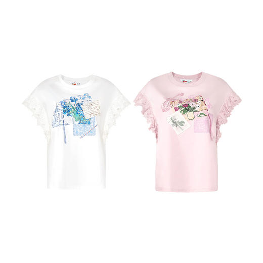 两三事梵高文艺南鸢絮语2025夏新款小清新印花蕾丝拼接短袖t恤女 商品图4