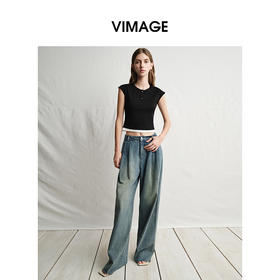 VIMAGE纬漫纪黑色短款美式辣妹简约百搭修身短袖T恤2025夏季新款V2302905