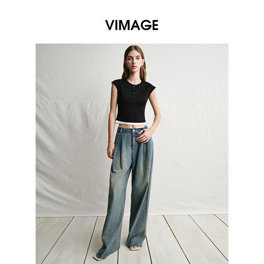 VIMAGE纬漫纪黑色短款美式辣妹简约百搭修身短袖T恤2025夏季新款V2302905 商品图0