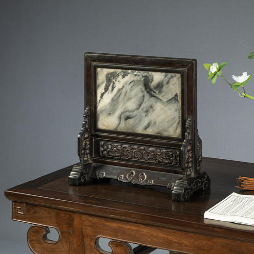 清中期 紫檀嵌云石透雕螭龙捧寿座屏 商品图4