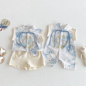 【夏日新款，宝宝中国风爬服~】婴儿刺绣包屁衣2025新款 夏季宝宝洋气中国风爬服 新生儿水墨画衣服-QQ