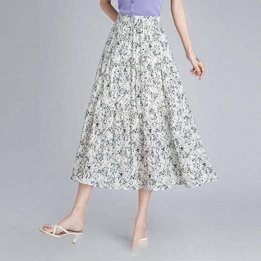 MYX-XBMY-A681-L中长款褶皱拼接时尚碎花裙松紧腰休闲洋气大摆裙春夏款垂感半身裙 商品图2