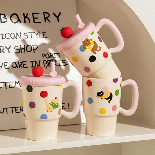 摩登主妇带盖马克杯家用喝水杯办公室陶瓷杯高颜值早餐杯漂亮杯子 商品图0