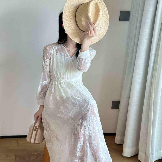 顺丰包邮03839洛诗琳春夏新款重工刺绣气质V领收腰真丝连衣裙0267 商品图4