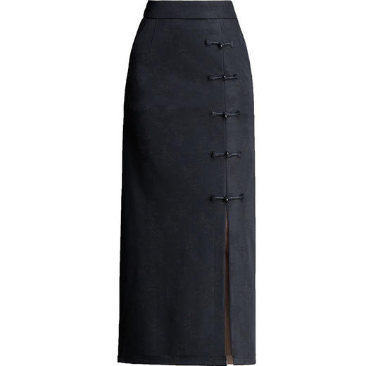 MYX-ZIY-1373-L时尚优雅显瘦黑色半身裙国风洋气包臀裙初夏新款高腰开叉直筒裙 商品图4