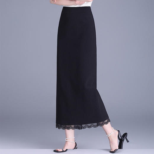 MYX-QM-8590-L蕾丝边拼接显瘦黑色直筒裙长款修身开叉包臀裙春夏新款高腰半身裙 商品图1