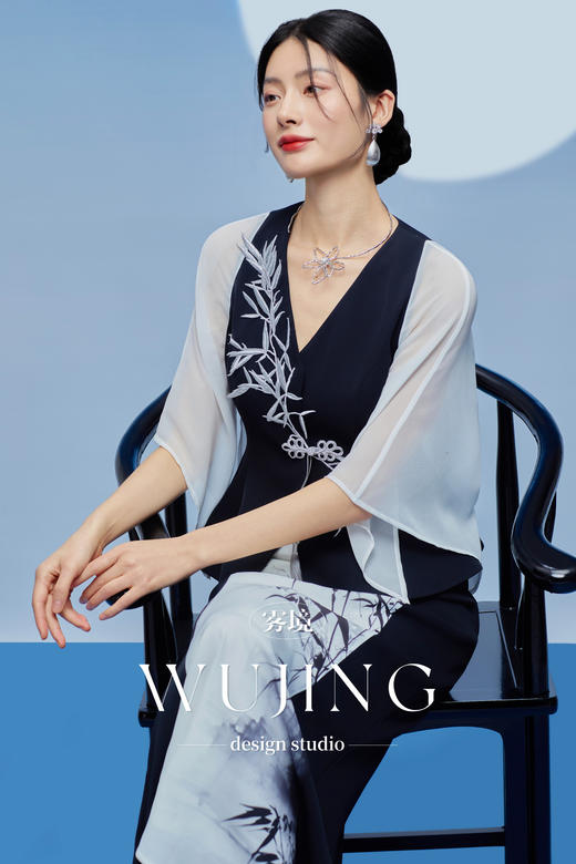 3205133 晚风听竹 进口蜂窝缎/韩国进口水晶乔其纱半裙 雾境 商品图5