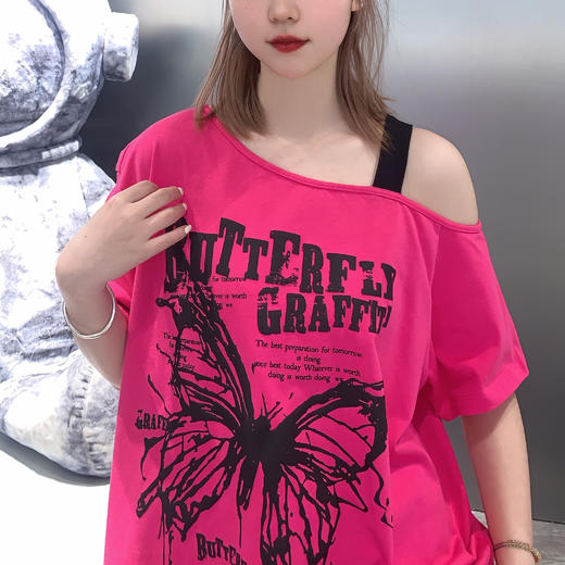 MZ吊带露肩蝴蝶图案短袖T恤（红）夏季152020010321 商品图4