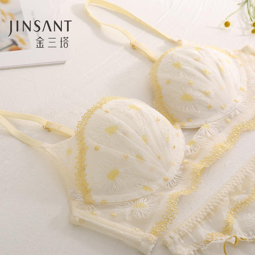金三塔悸动花期法式蕾丝刺绣内衣女小胸聚拢撞色真丝文胸薄套装 NZFDA397 商品图0