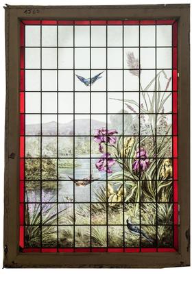 独角鹿西洋古董 1894年法国新艺术时期Pradal签名出品水岸鸢尾雀鸟主题彩绘玻璃花窗