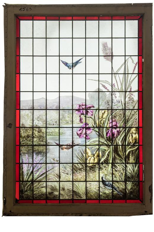 独角鹿西洋古董 1894年法国新艺术时期Pradal签名出品水岸鸢尾雀鸟主题彩绘玻璃花窗 商品图0