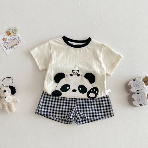 【清凉舒适，时尚百搭】儿童卡通套装2025新款夏季 女童洋气短袖T恤薄款 男童格子短裤两件套-QQ 商品图6