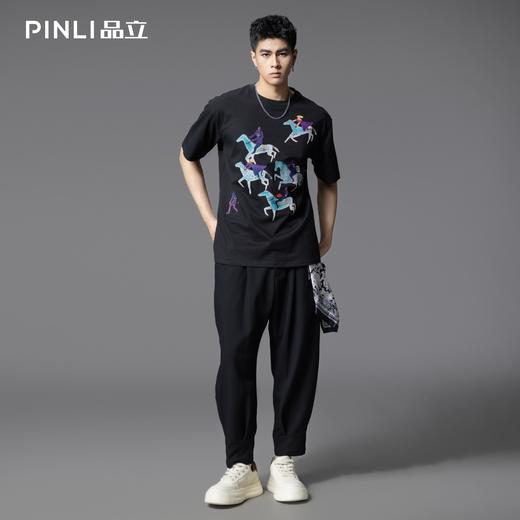 PINLI品立2025夏季新款创意烫画休闲短袖T恤男士潮牌纯棉体恤上衣BG252111023 商品图1
