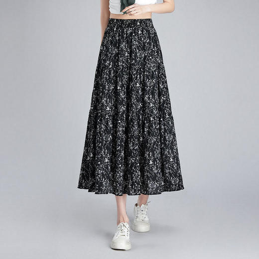 MYX-XBMY-A681-L中长款褶皱拼接时尚碎花裙松紧腰休闲洋气大摆裙春夏款垂感半身裙 商品图1