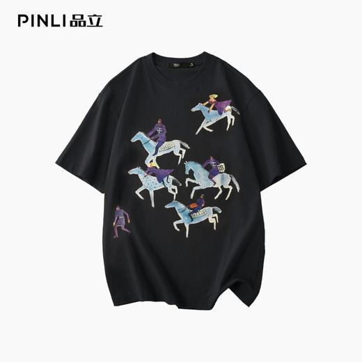 PINLI品立2025夏季新款创意烫画休闲短袖T恤男士潮牌纯棉体恤上衣BG252111023 商品图4