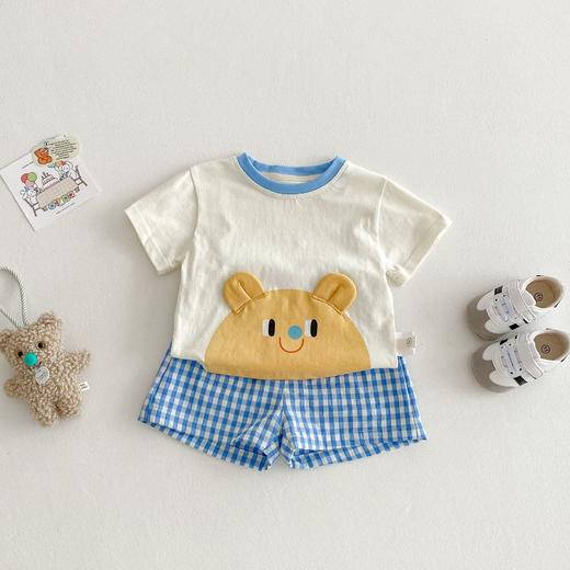 【清凉舒适，时尚百搭】儿童卡通套装2025新款夏季 女童洋气短袖T恤薄款 男童格子短裤两件套-QQ 商品图4