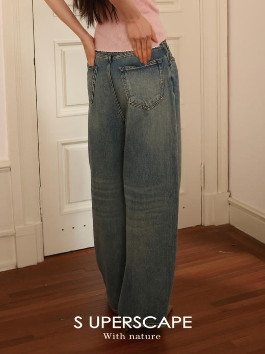 【限时7折 买六免一】素舶 早春新品  复古做旧浅蓝高腰宽松弯刀牛仔裤 商品图4