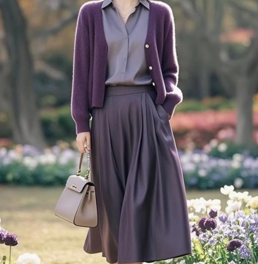 （预售15天）时髦休闲显瘦紫色针织开衫+衬衫+半身裙三件套LJX-368 商品图2