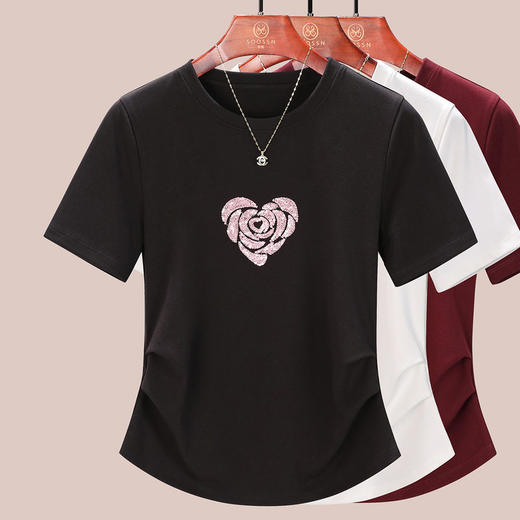正肩短袖t恤女立体亮片爱心刺绣夏季褶皱收腰上衣女    BY-M679 商品图1