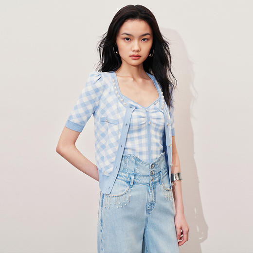 千金小香风毛衫背心夏季上衣女蓝白格纹套头针织(货号:MS85SW066Z6001) 商品图0