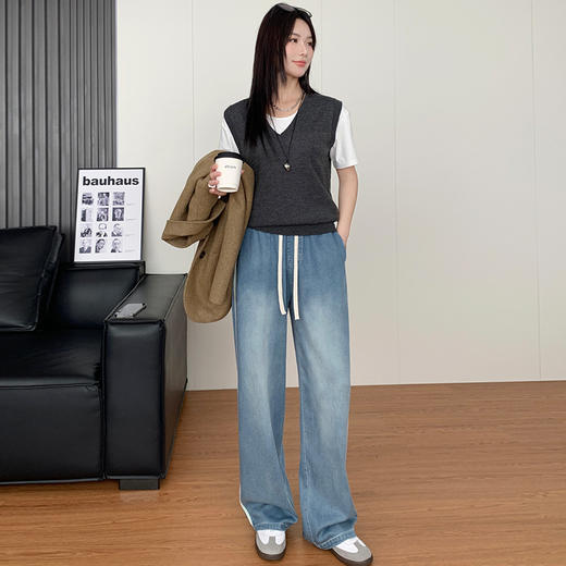 【时髦百搭，显高显瘦】【巨好穿】夏季新款女侧白条松紧腰天丝牛仔裤女夏季薄款春秋高腰垂感大码宽松直筒阔腿100% 商品图6