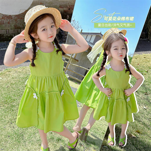 【绿色花朵设计，清新可爱~】女童绿色花朵棉布裙 2025夏季新款 洋气时髦儿童装 女宝宝甜美公主裙-QQ 商品图1