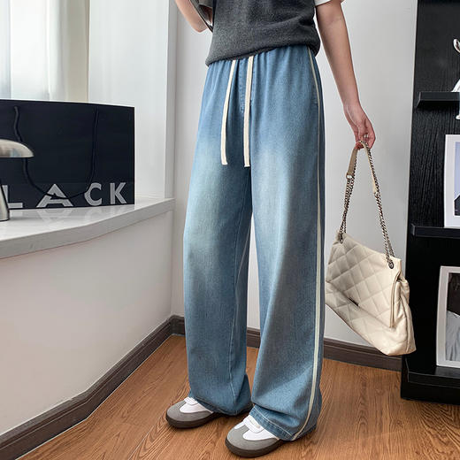 【时髦百搭，显高显瘦】【巨好穿】夏季新款女侧白条松紧腰天丝牛仔裤女夏季薄款春秋高腰垂感大码宽松直筒阔腿100% 商品图1