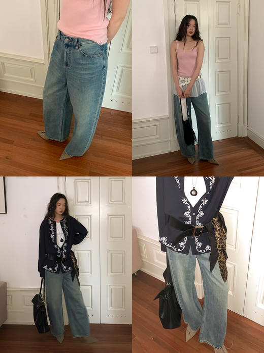 【限时7折 买六免一】素舶 早春新品  复古做旧浅蓝高腰宽松弯刀牛仔裤 商品图1