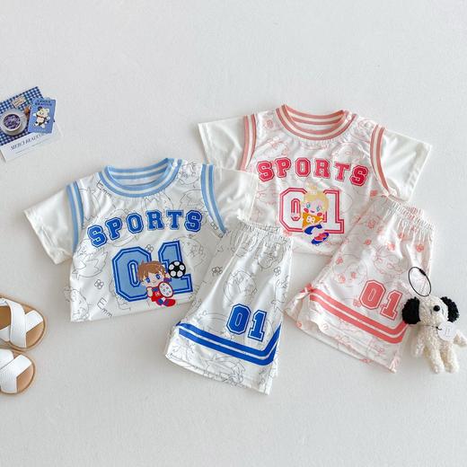 【环保面料，潮流撞色】儿童运动套装2025新款 夏季男童时尚字母T恤潮 女童卡通短裤两件套-QQ 商品图1