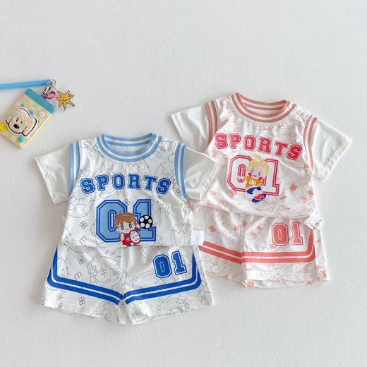 【环保面料，潮流撞色】儿童运动套装2025新款 夏季男童时尚字母T恤潮 女童卡通短裤两件套-QQ 商品图0