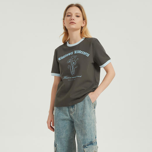 【2件9折】【Petit Bari】(多色)复古撞色花卉印花短袖T恤 商品图0