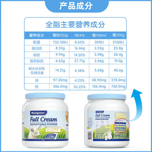 美可卓Maxigenes 蓝胖子成人全脂速溶高钙奶粉 1kg 商品图4