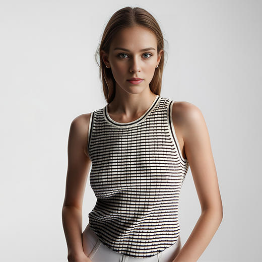 【2件9折】【Petit Bari】 经典条纹修身圆领弹力背心 商品图0