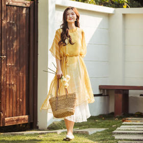 【林栖设计小店】（现货）渐变真丝连衣裙配腰带蓝印花纹宽松舒适2025春夏新品多色空调衫长裙T1952373