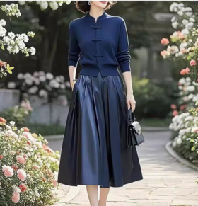 （预售15天）中式国风典雅蓝色针织衫，半身裙套装两件套LJX-370