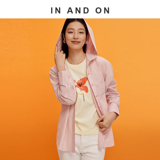 IN AND ON 初见 100%棉盐缩泡泡绉条纹连帽衬衫 55170 商品图0