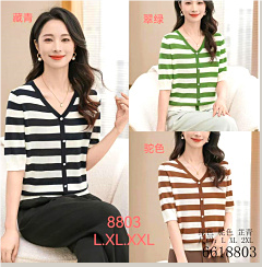 588803天丝v领条纹短袖