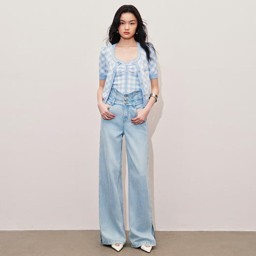 千金小香风毛衫背心夏季上衣女蓝白格纹套头针织(货号:MS85SW066Z6001) 商品图1