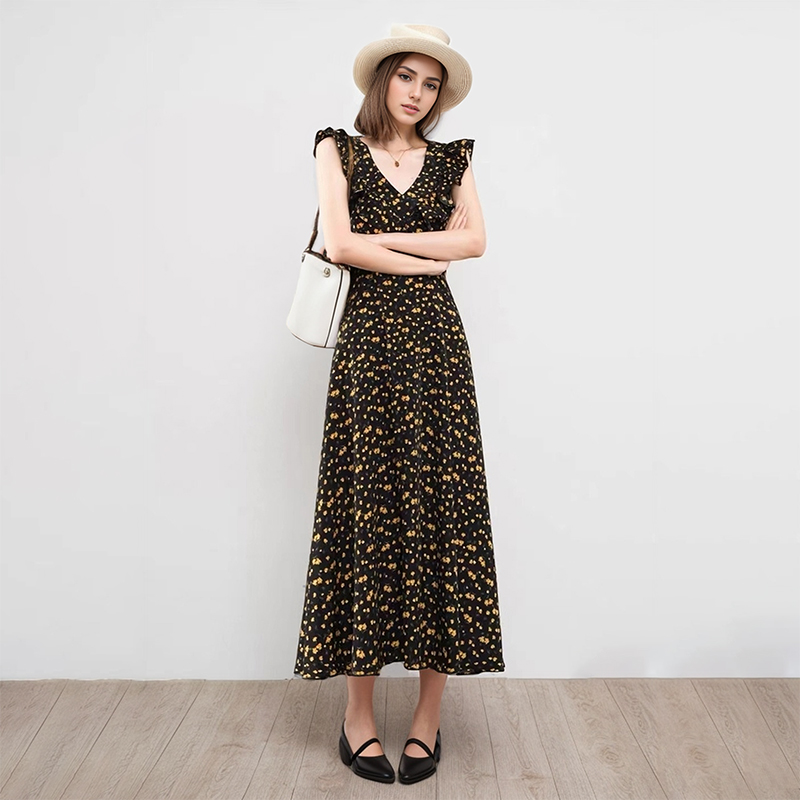 【2件9折】【Petit Bari】(多色)法式复古碎花荷叶边女士连衣裙 弹力抗皱免烫